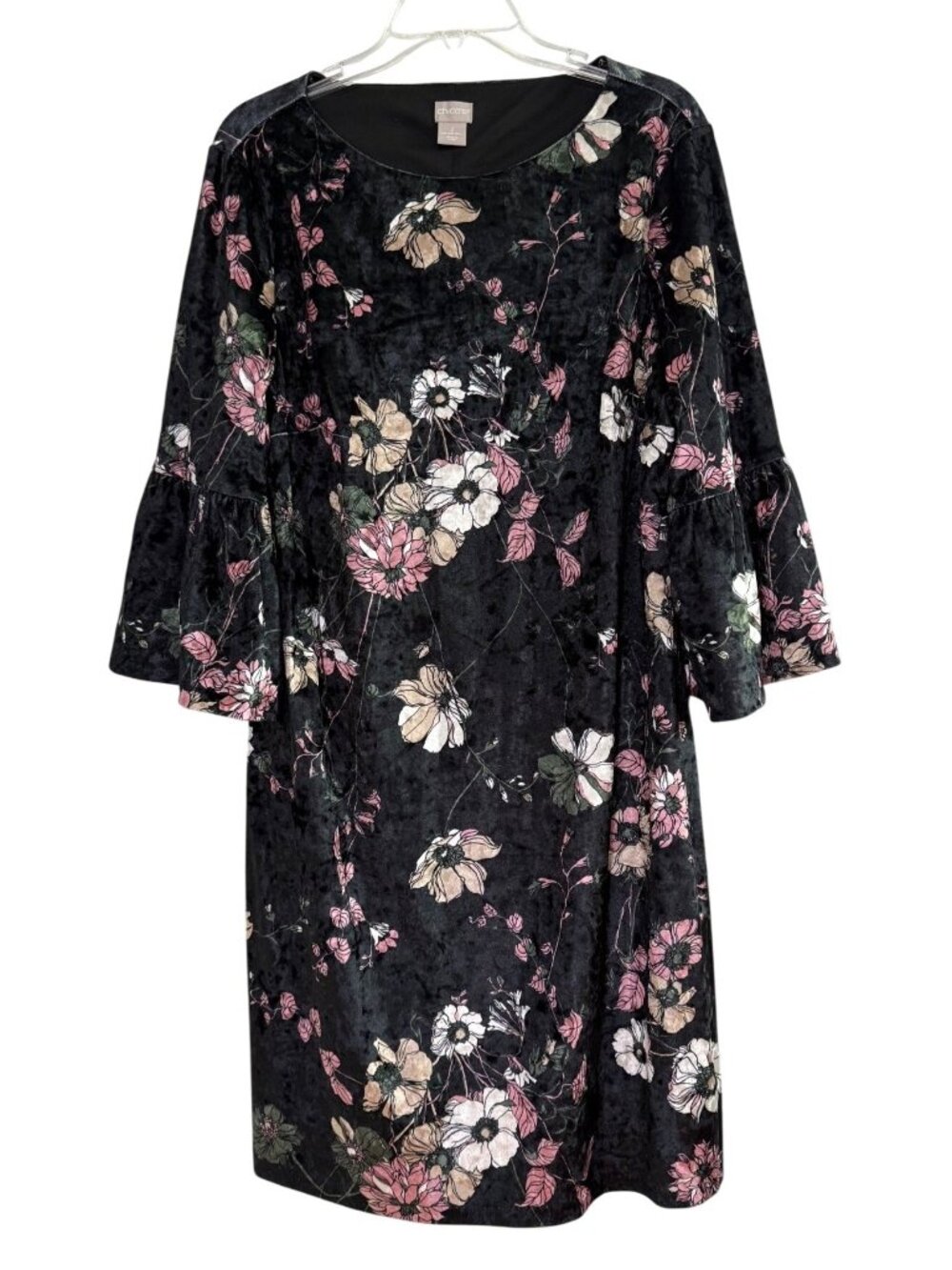 Chicos Black Metallic Floral Pring Velvet Bell Sleeve Dress Size 2 (12/14)
